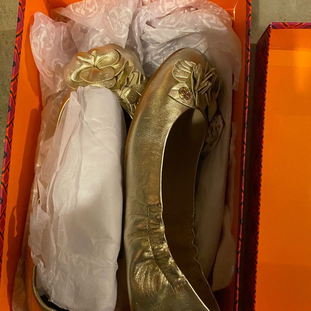 Tory Burch gold ballet slippers